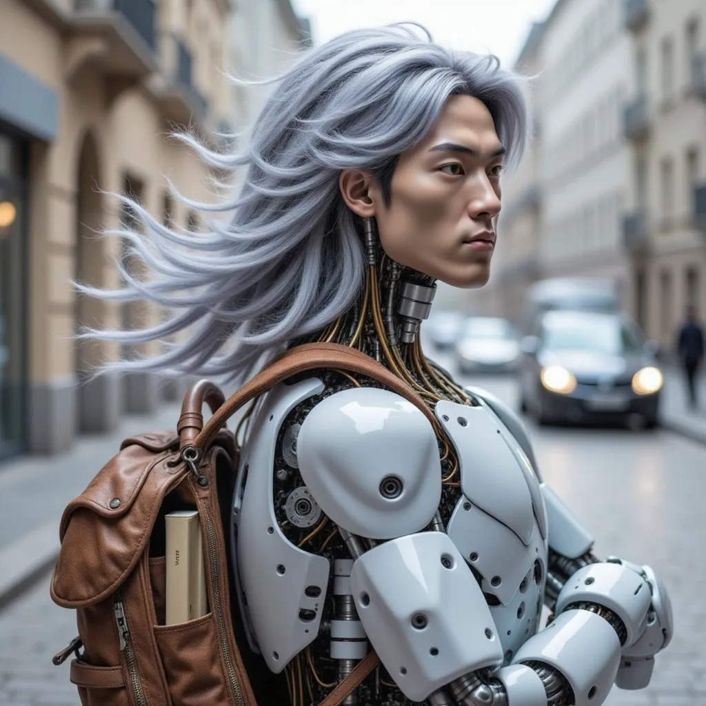 Prompt: Flowing silver hair shoulder length Adam the Robot is carrying his books to school in a book bag over his shoulder.