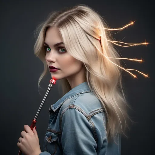 Prompt: Top heavy woman thin and tone blonde hair with green eyes has metalic wires on the back of her head wearing a grey sweeter and blue jeans holding a  ruby tipped magic wand