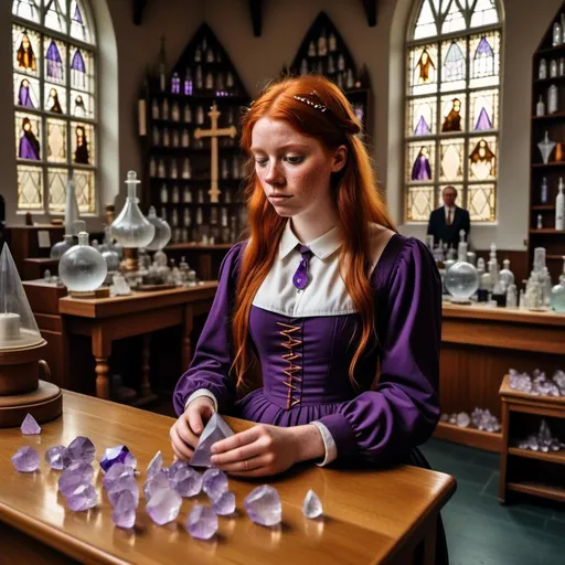 Prompt: <mymodel>  at a crystal shop holding a purple crystal in admiration