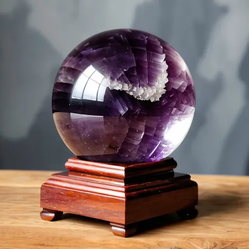 Prompt: large amethyst crystal ball sitting on a wooden stand