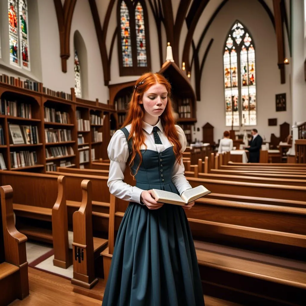 Prompt: <mymodel> in a church book store browsing hymnals