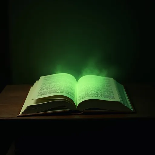 Prompt: A green decorative Hymnal on a Alter with the pages open Hymnal is on a wooden book stand The room is dim and The Hymnal is shimmering a vibrant glow