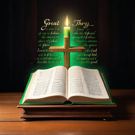 Prompt: A green decorative Hymnal on a Alter with the pages open Hymnal is on a wooden book stand The room is dim and The Hymnal is shimmering a vibrant glow The Hymnal is open to the hymn " Great is thy faithfulness " is is written in gold cursive