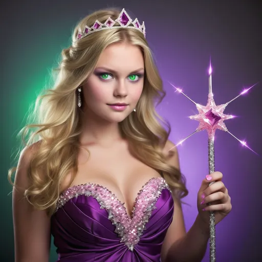 Prompt: Top heavy woman thin and tone blond hair with green eyes wearing prom dress purple holding a pink crystal magic wand that she always has with her