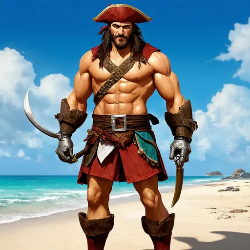 Prompt: man in full pirate garb he is muscular and even has a hook for a prosthetic hand  he is a tan shade of brown 