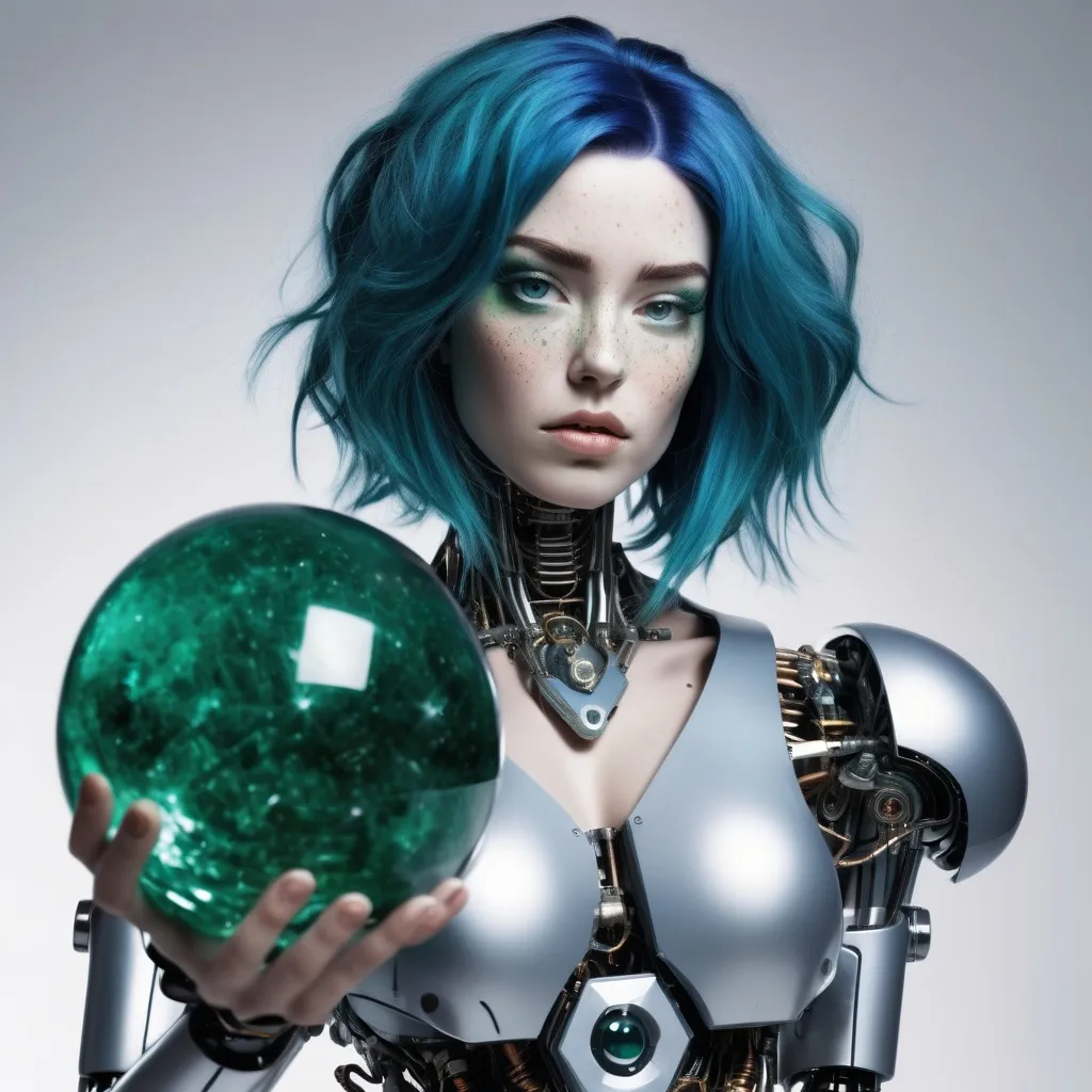 Prompt: top heavy  Robot woman robotic features appears to be curvy with the appearance of being top heavy, blue hair freckles holds large emerald crystal ball