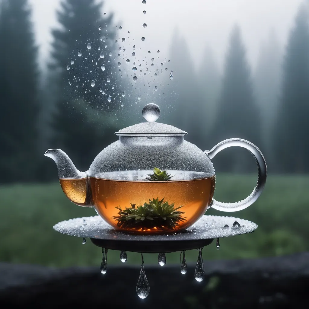 Prompt: A shimmering made of rare crystals  Tea Pot levitation on a cloud of mist in a rainstorm with large droplets.