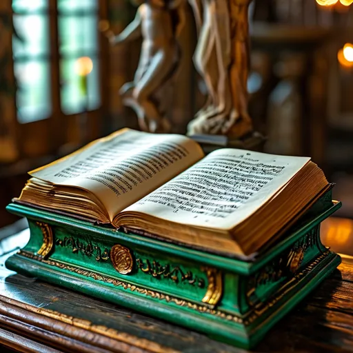 Prompt: A green decorative Hymnal on a Alter with the pages open Hymnal is on a wooden book stand The room is dim and The Hymnal is shimmering a vibrant glow The Hymnal is open to the hymn " Great is thy faithfulness " is is written in gold cursive