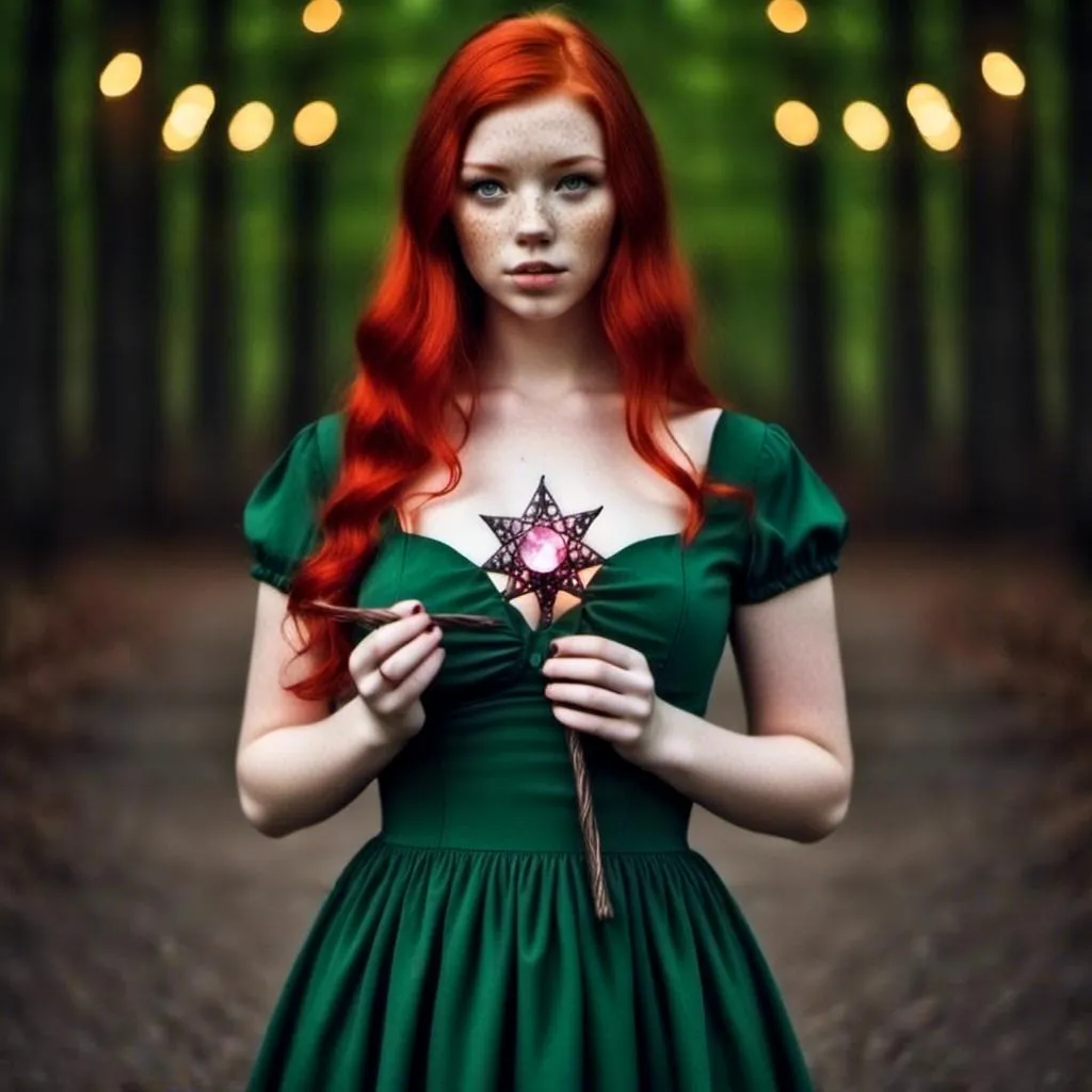 Prompt: <mymodel> Top heavy woman thin and tone red  hair with green eyes wearing prom dress purple holding a pink crystal magic wand that she always has with her