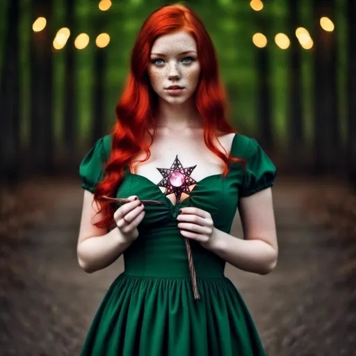 Prompt: <mymodel> Top heavy woman thin and tone red  hair with green eyes wearing prom dress purple holding a pink crystal magic wand that she always has with her