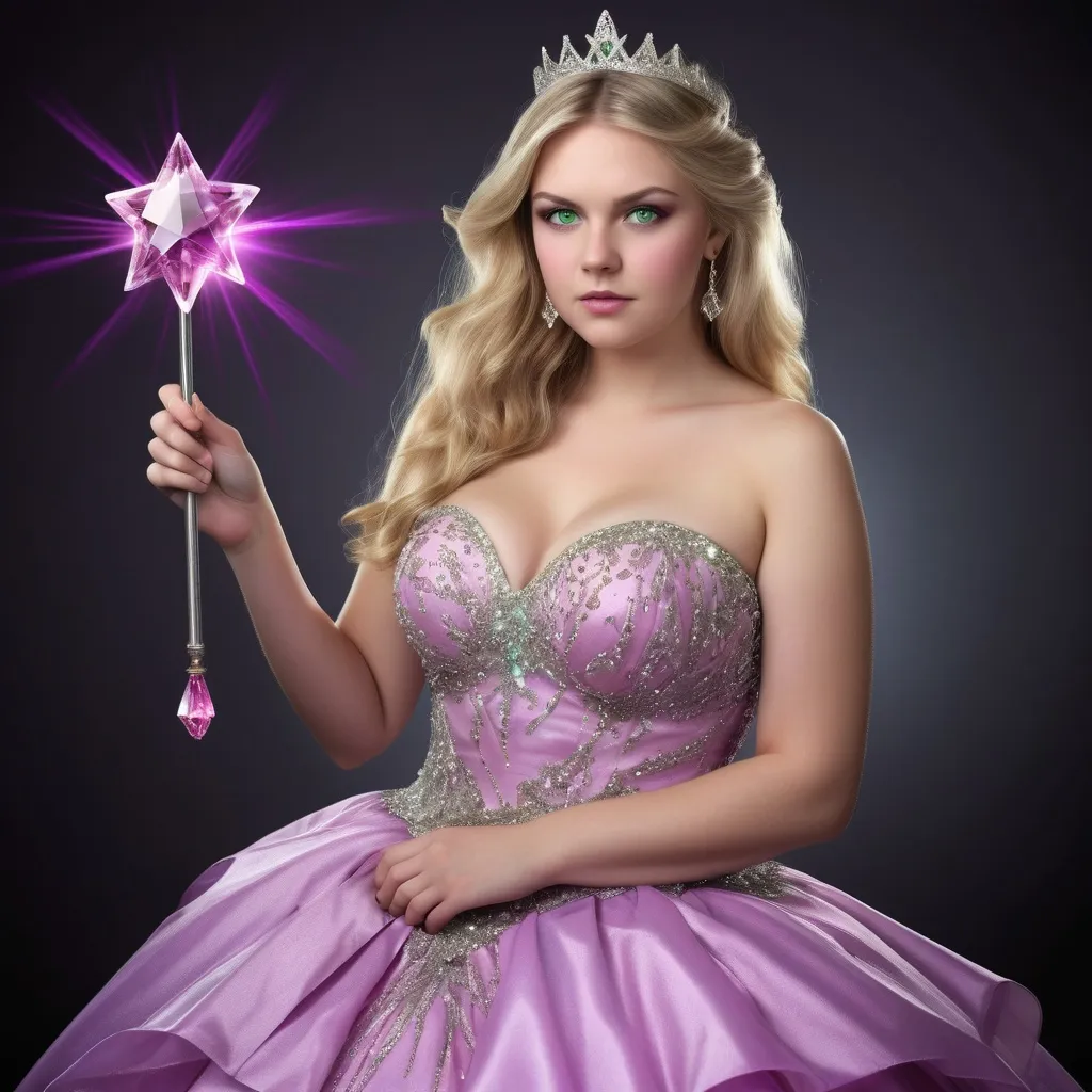 Prompt: Top heavy woman thin and tone blond hair with green eyes wearing prom dress purple holding a pink crystal magic wand that she always has with her