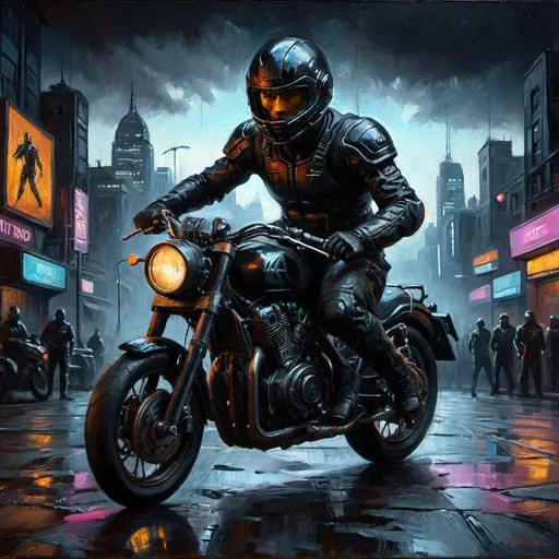 Prompt: (mysterious action figure titled "Vargas"), (cyberpunk futuristic black motorcycle helmet), black football shoulder pads, (battle pose), intense facial expression, surrounded by shadows, dark and ominous atmosphere, dramatic lighting with (high contrast), dynamic composition, (ultra-detailed), (cinematic depth), futuristic cityscape in the background, pulsating neon lights, gritty textures, tension-filled ambiance, (4K resolution).