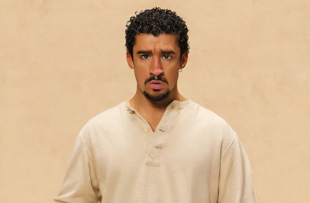 Prompt: Shocked, a tan man with a beard and a white shirt is standing in front of a wall with a clock on it, "Bro Church" shirt, promotional image, a character portrait