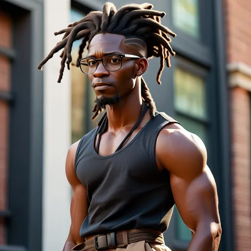 Prompt: Behind profile (Skinny black man) (6'4" 180 lbs) (glasses, dreadlocks), (athletic undershirt) slacks with a belt, dynamic pose, confident expression, soft background, (natural lighting), focus on sophisticated style, blending urban and professional elements, artistic detailing, (high quality), ultra-detailed.