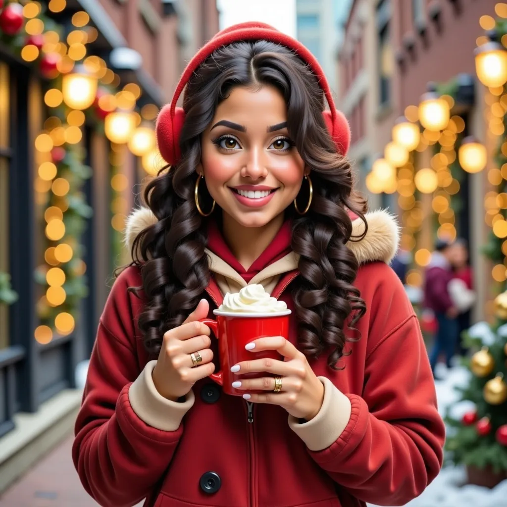 Prompt: (charming illustration of Gina), cheerful expression, wearing a stylish winter coat and cozy earmuffs, joyfully holding a mug of steaming hot chocolate, surrounded by festive decorations, twinkling lights in the background, warm color tones, a snowy winter atmosphere, (4K, ultra-detailed) capturing the magic of the holiday season, evoking feelings of happiness and warmth.