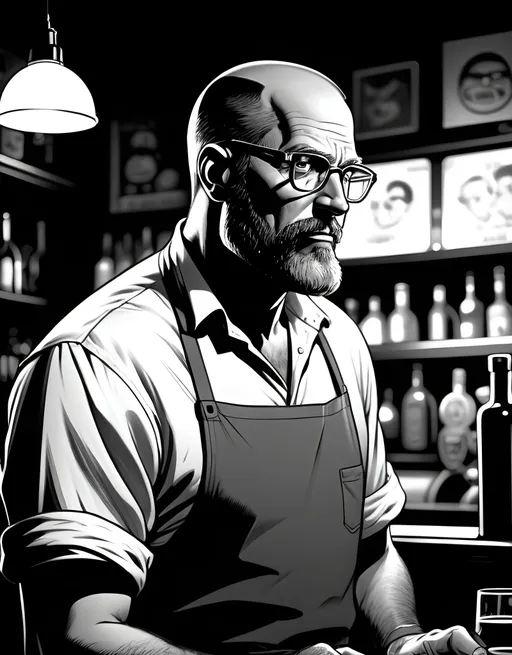 Prompt: (side profile) (black and white) (comic book style, noir tone) A tall, stocky middle-aged man with a clean-shaven head, a well-trimmed beard, wearing distinctive round eyeglasses that hint at his thoughtful nature. His casual attire consists of a tshirt with a bar apron. He stands in a warmly lit, cozy bar with dim amber and soft glow from vintage Edison bulbs, casting inviting shadows. The atmosphere is intimate, with subtle hints of rich wood and eclectic decor, reflecting a life of stories and wisdom. The scene exudes a sense of calm contemplation, captured in a cinematic, photorealistic style.