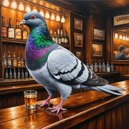 Prompt: Pigeon drinking at an NYC bar, realistic oil painting, vibrant urban setting, detailed feathers with rich textures, authentic city vibe, high quality, realistic, urban, vibrant, detailed feathers, authentic atmosphere, professional lighting