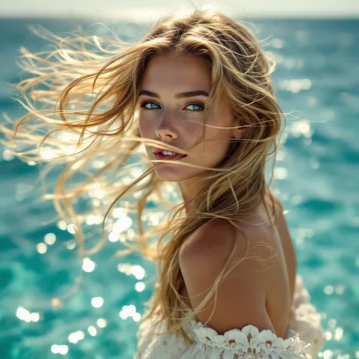Prompt: Realistic very wide shot dron view face to th us  lady with long blond e girl with long hair fluttering in the wind In a white and golden dress, , walking on the sea, blue, transparent, turquoise sea, sun.