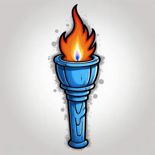 Prompt: In a white background, Draw a blue torch whole with one star in the middle of the torch as part of the torch structure, add flames  red and orange on top of the torch. Make the drawing in grafitti style. Make the torch complete in the drawing without cutting the bottom