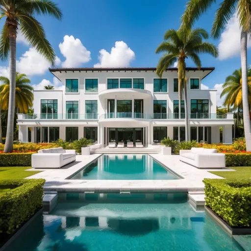 Prompt: a luxurious mansion in miami with garden and infinity pool in a sunny day