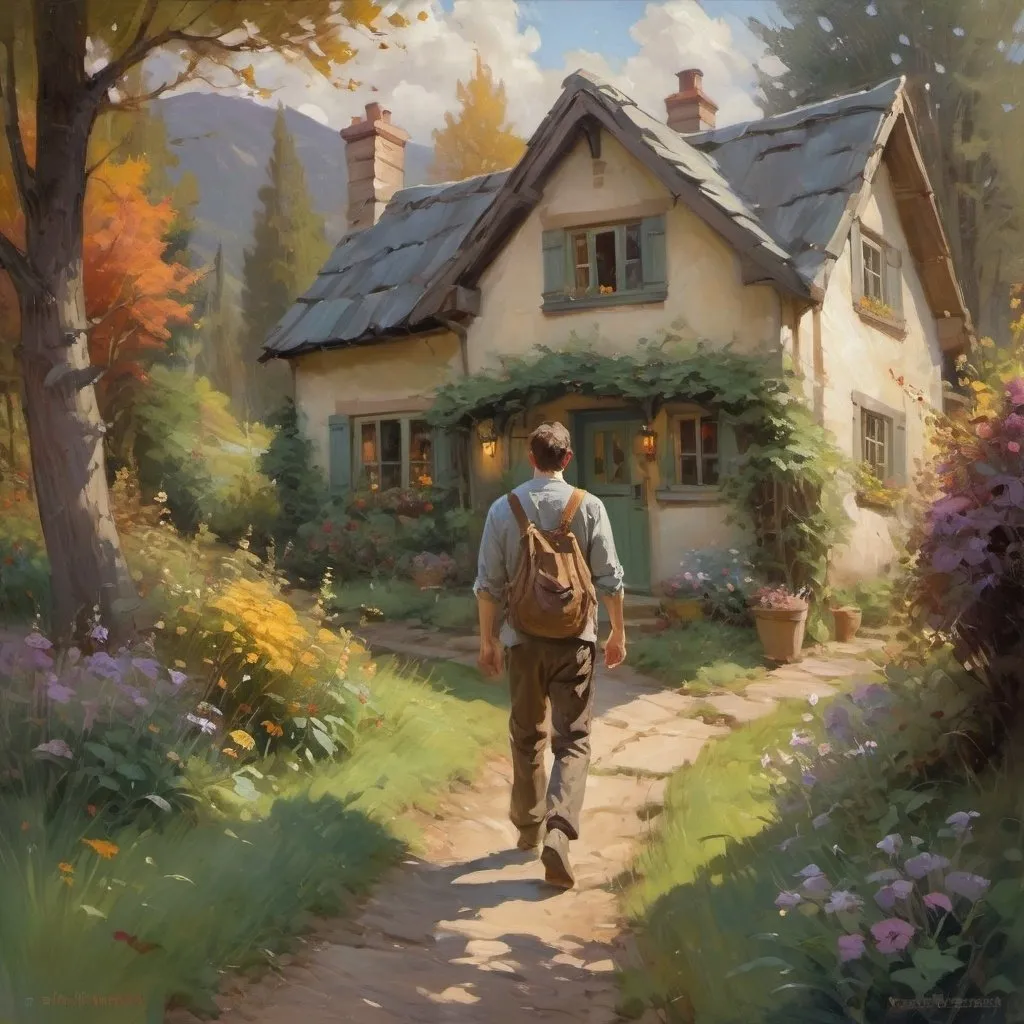 Prompt: Oil on canvas painting depicting a man coming home to his quaint cottage, adult man walking to cottage, expressively broad brush strokes, cosy vibes, 8k, trending on pinterest, by daniel f. gerhartz