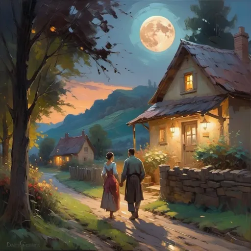 Prompt: Oil on canvas painting  Expressing 
 past love and loneliness in far village  at 
 night with moon depicting a man coming home to his quaint cottage, adult man walking to cottage, expressively broad brush strokes, cosy vibes, 8k, trending on pinterest, by daniel f. gerhartz