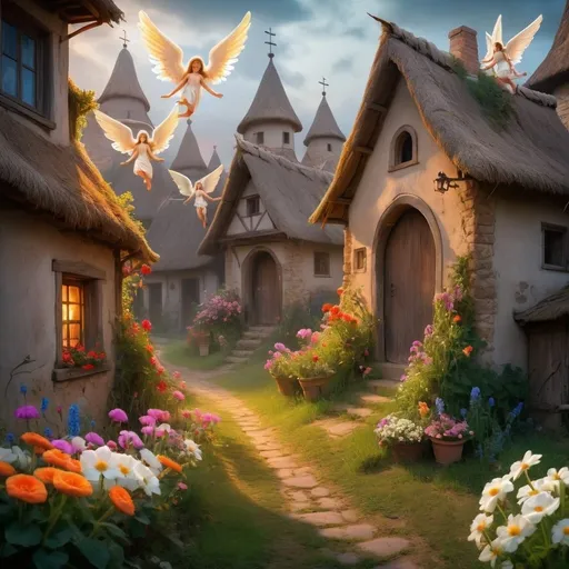 Prompt: Mysterious village with angels and flowers 