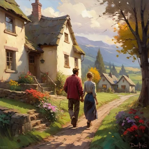 Prompt: Oil on canvas painting  Expressing 
 past love and loneliness in far village  depicting a man coming home to his quaint cottage, adult man walking to cottage, expressively broad brush strokes, cosy vibes, 8k, trending on pinterest, by daniel f. gerhartz