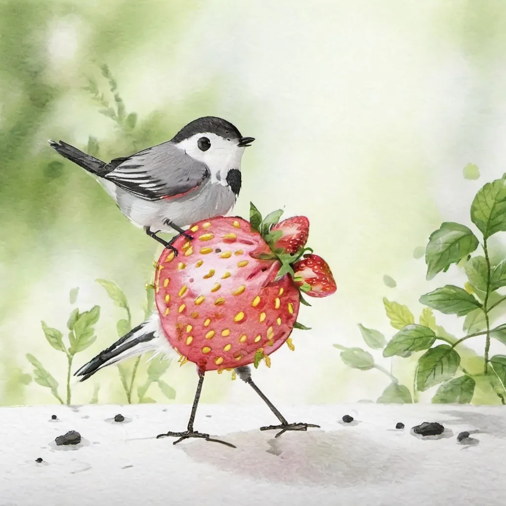 Prompt: White wagtail eating a strawberry