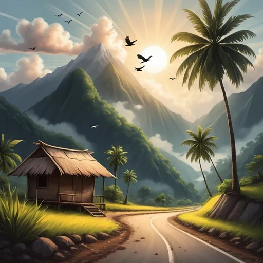 Prompt: Draw a picture with mountains The sun was rising between the mountains. Clouds and birds fly.  There was a small coconut tree beside the hut. There is a road from the hut to the mountain.