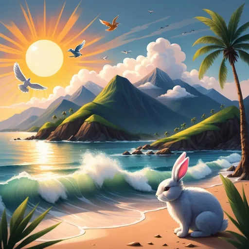 Prompt: Draw a picture with mountains The sun was rising between the mountains. Clouds and birds fly.  There was a small coconut tree beside the sea. There is a bunny from the mountains.