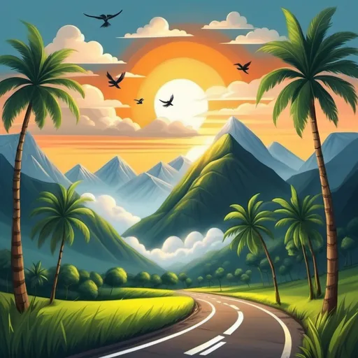 Prompt: Draw a picture with mountains The sun was rising between the mountains. Clouds and birds fly.  There was a small coconut tree beside the mountains. There is a road from the mountains.