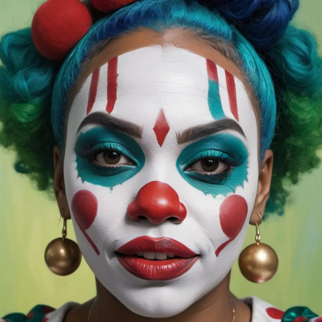 Prompt: african american woman painted as an augusted clown with teal hair, red clown nose, and blue and green makeup designs on her face, photorealism