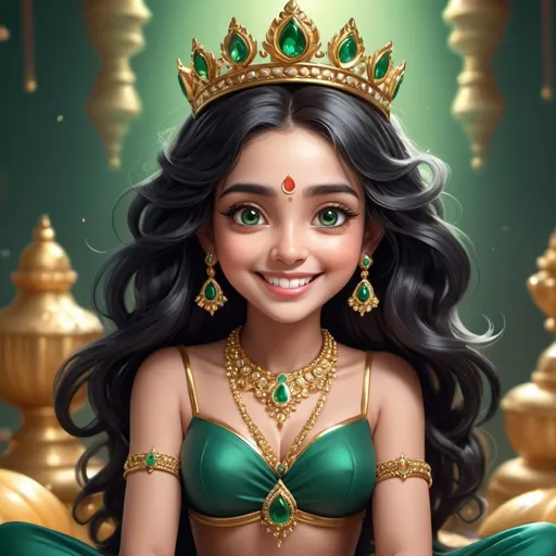 Prompt: goddess Laxmi, The personification in the form of a cute girl with longest black wavy glowing hair and a villain's smile, (((cute girl)))cute crown, cute cheeks, unreal engine, highly detailed, artgerm digital illustration, woo tooth, studio ghibli, deviantart, sharp focus, artstation, by Alexei Vinogradov bakery, sweets, emerald eyes, golden jewelry, light background color, 3D rendering, lots of gold jewelry, lotus, Cleavage, naval, Smiling face, Cute Eyes, wearing gold rings, emerald stones, golden emerald, Diamond, Necklace, wearing golden shoe, wearing golden anklet on leg, sitting on shining surface, Realistic face, Realistic skin, naval, slim tigh, sing a song, Smiling, Sweet smile, Cute smile, Big bright eyes, Fluffy hair, wearing a delicate costume, delicate and delicate, incredibly high detail, Bright colors, Natural light, 5 and ctane renderings, in art station, Gorgeous, Ultra wide angle, light background color, 3D rendering