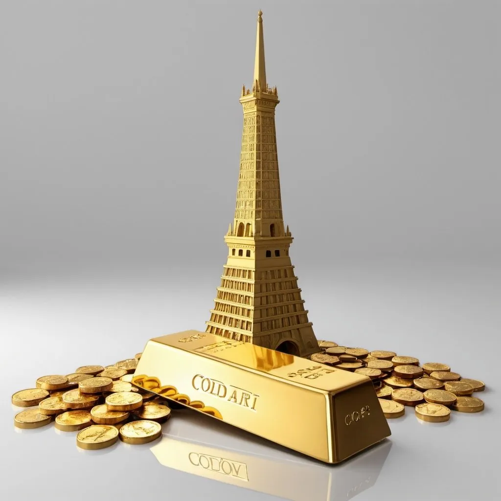 Prompt: white background, goldbar on the floor,behind tower of gold coi