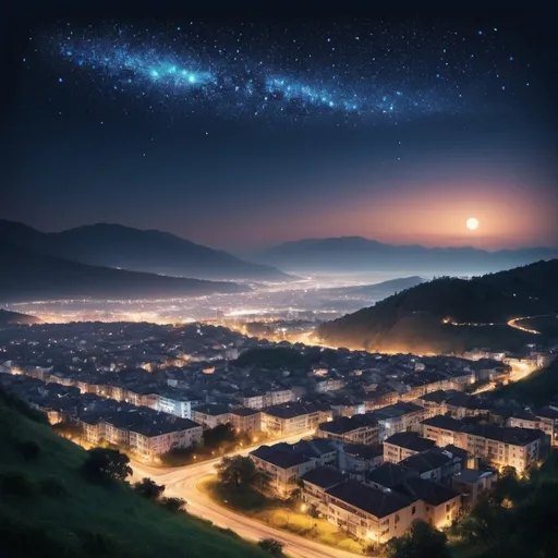 Prompt: landscape of city in night with beautiful star sky