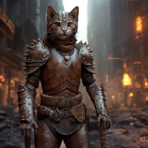 Prompt: An anthromorphic cat, realistic and highly detailed, wearing brown leather armor, holding a shield, in a dark apocalyptic city