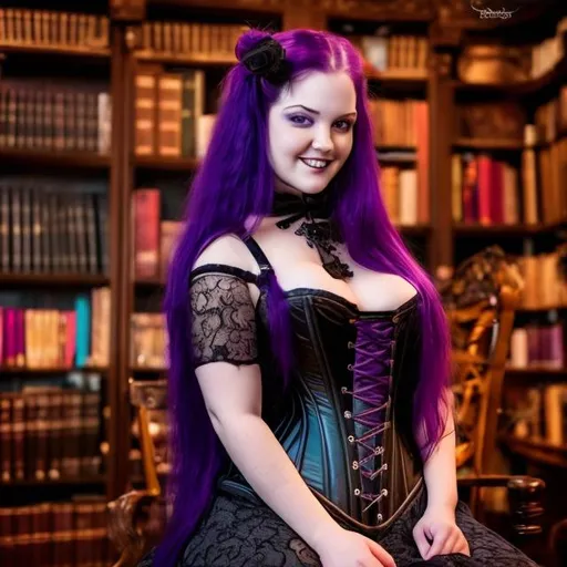 Prompt: Woman with curves, long purple hair, sitting on a chair in a library, books on shelves, gothic corset, highly detailed, sultry smile