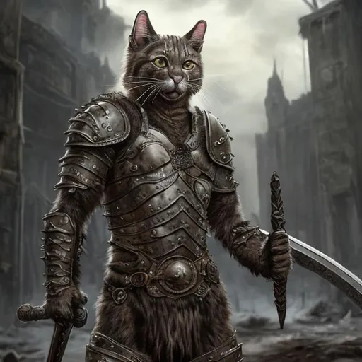 Prompt: An anthromorphic cat, realistic and highly detailed, wearing leather armor, holding weapon, dark apocalyptic fantasy