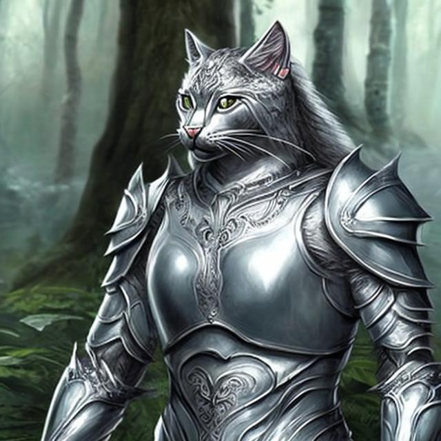 Prompt: Create a realistic and ultra detailed anthromorphic cat wearing silver armor in a fantasy forest realm