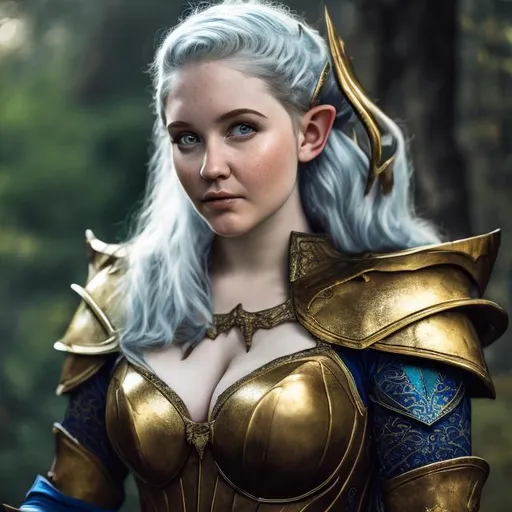 Prompt: Highly detailed, Renaissance, curvy woman, elf ears, wearing gold armor, blue hair, fantasy