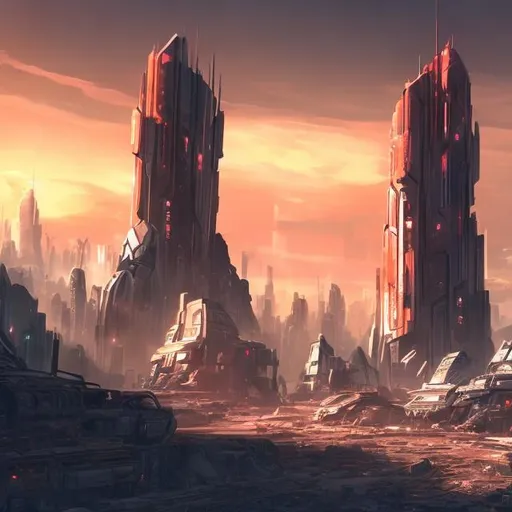 Prompt: futuristic city a bit in ruins and with a reddish yellow orange
