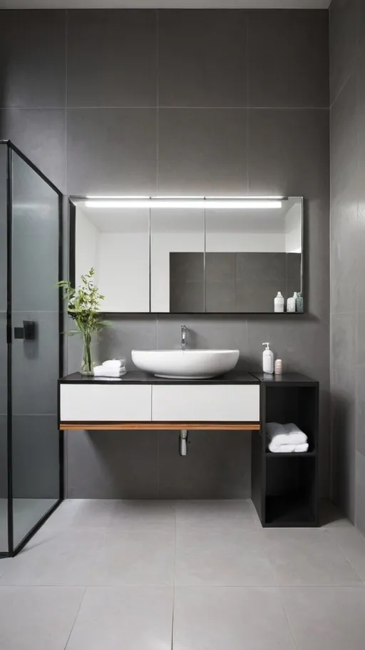 Prompt: a bathroom with a sink and two cabinets in it's corner area, and a mirror above it, Aquirax Uno, aestheticism, clean, a stock photo