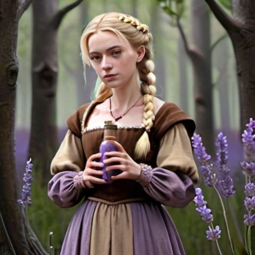 Prompt: A medieval woman in a brown dress embroidered with flowers. Her blonde hair is pinned up in plaits. She is standing in shadowy wood with a small clay bottle in one hand and a sprig of lavender in her other hand. 