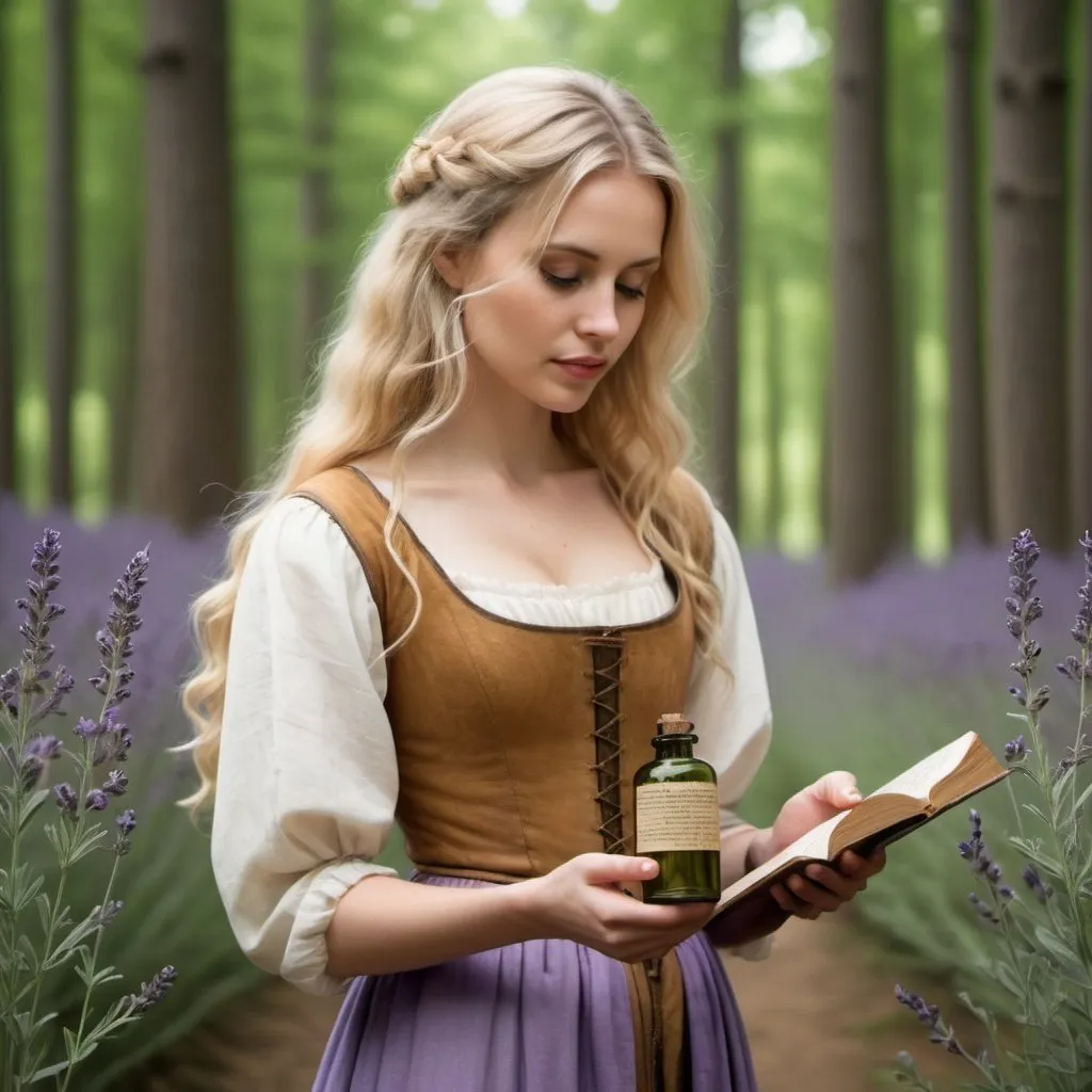 Prompt: Create a medieval manuscript page with a beautiful blonde haired woman standing in a wood. She has a small bottle in one hand and a sprig of lavender in the other.