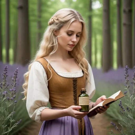 Prompt: Create a medieval manuscript page with a beautiful blonde haired woman standing in a wood. She has a small bottle in one hand and a sprig of lavender in the other.