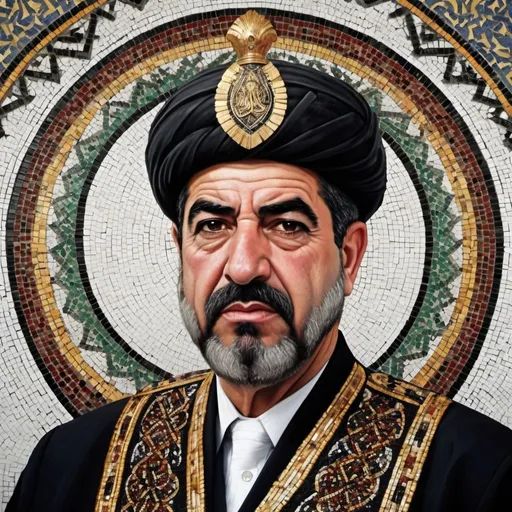 Prompt: sadam hussein king of iraq
, arabic clothes style , mosaic ground , arabic  