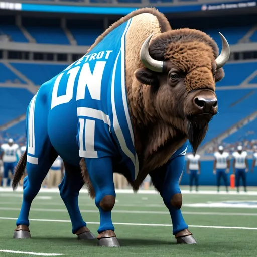 Prompt: MAKE A BISON WEAR A NFL DETROIT LIONS JERSEY REALISTIC