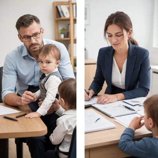 Prompt: One side showing a busy professional, the other side showing a family