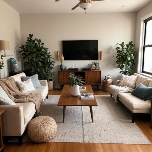 Prompt: Cozy Living Room Setup, Presenter Sitting Comfortably